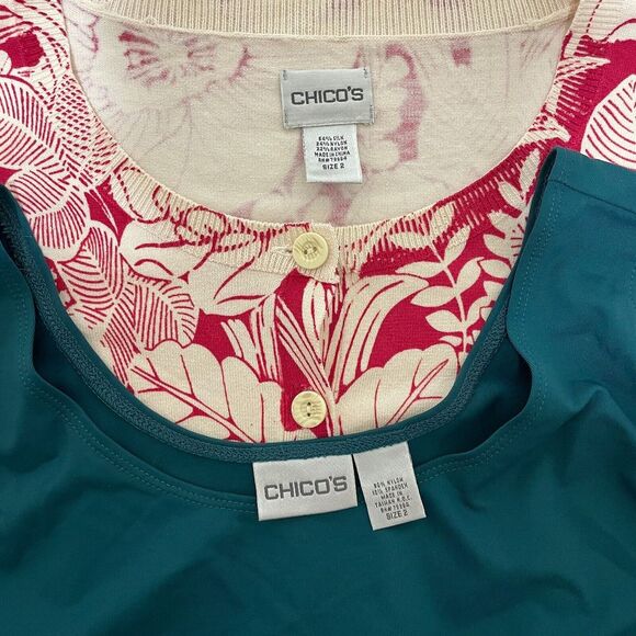 Chicos Tops Womens 2 Large Red Green Floral Silk Nylon Buttons Lot of 2 - Picture 2 of 13